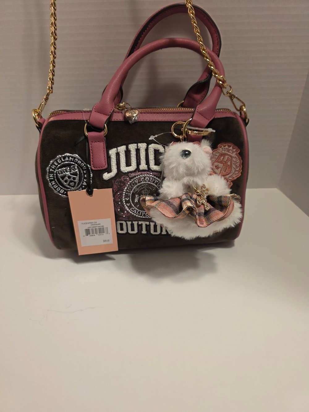 NWT Juicy Couture Varsity Satchel Crossbody Bag – Chocolate Brown Velour